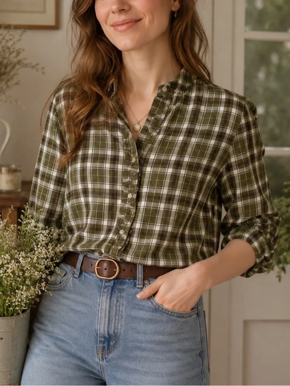 NWT LOFT Olive Plaid Ruffle Linen Blend Button Front Top Size Large Cottagecore